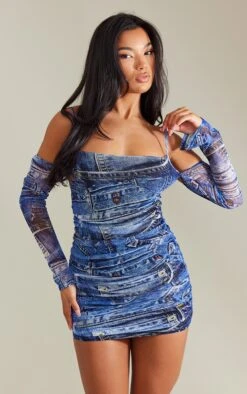 Blue Denim Print Mesh Cold Shoulder Bodycon Dress