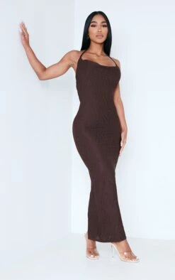 Chocolate Brown Textured Cowl Tie Back Ruched Bum Midaxi Dress