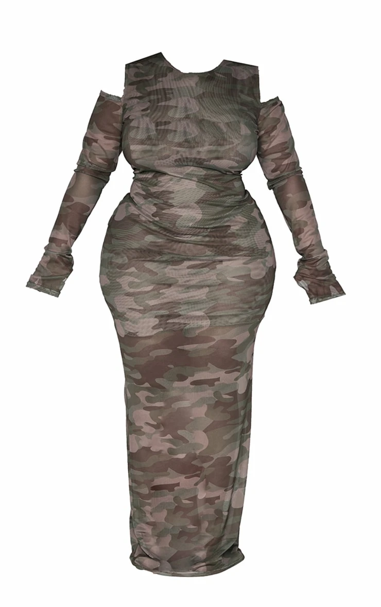 Plus Camo Printed Mesh Cold Shoulder Maxi Dress 7 Plus Camo Printed Mesh Cold Shoulder Maxi Dress - Image 5