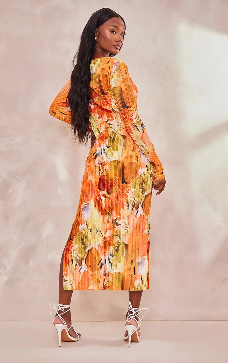 Tall Orange Floral Print Plisse Long Sleeve Split Detail Midi Dress 4 Tall Orange Floral Print Plisse Long Sleeve Split Detail Midi Dress - Image 2