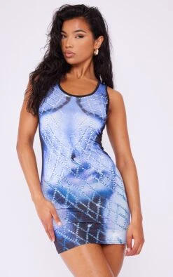 Blue Body Print Slinky Strappy Bodycon Dress