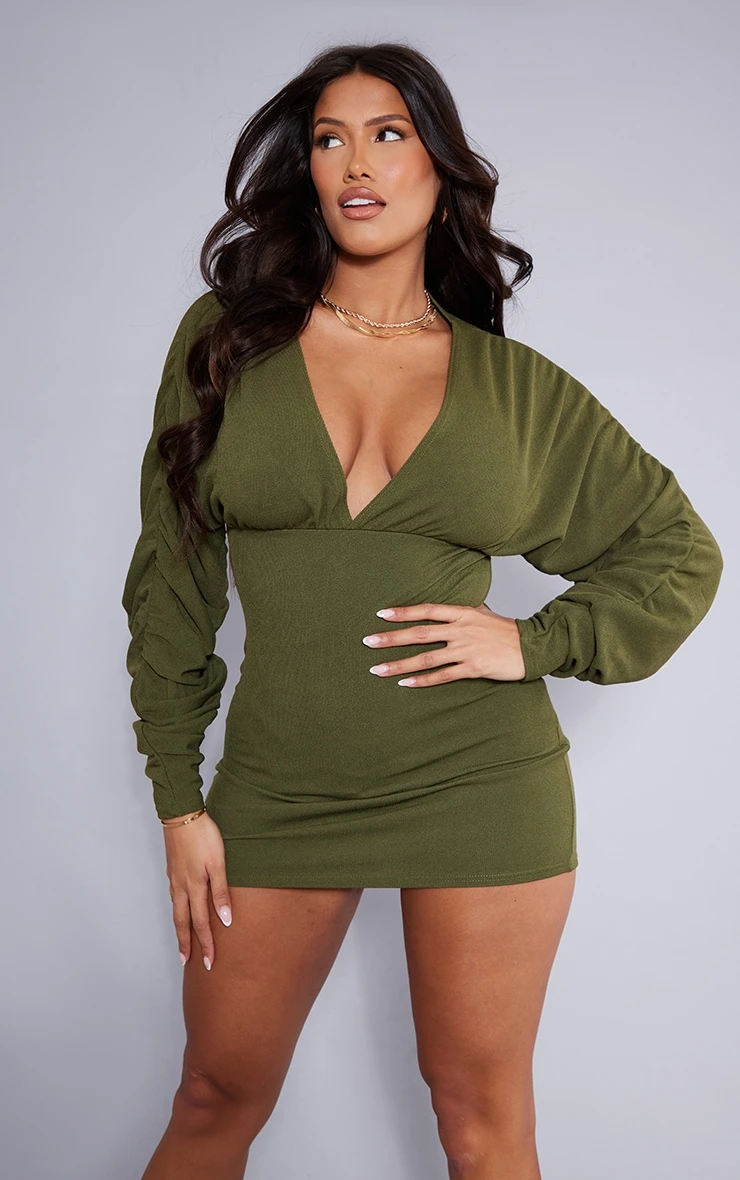 Shape Khaki Soft Rib Plunge Ruched Sleeve Bodycon Dress 6 Shape Khaki Soft Rib Plunge Ruched Sleeve Bodycon Dress - Image 4