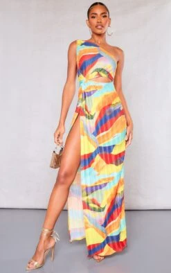 Multi Print Plisse Knotted Split Detail Maxi Dress