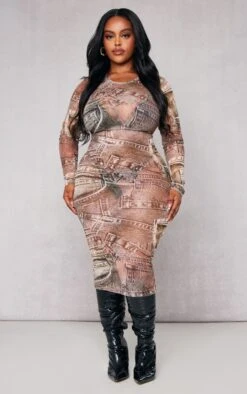 Plus Beige Denim Printed Mesh Long Sleeve Midi Dress