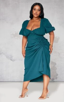 Plus Emerald Green Puff Sleeve Ruched Side Split Midi Dress -Women Clothing Shop 4a854fd48aaa5df71335a11b33d350e224b3dd61 cnb6991 3