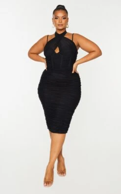 Plus Black Mesh Cross Front Corset Detail Midi Dress