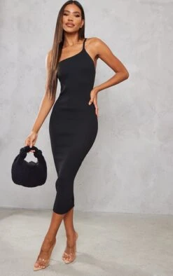 Black One Shoulder Rib Knitted Maxi Dress