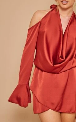 Rust Satin Cowl Cold Shoulder Shift Dress -Women Clothing Shop 50ddc2bc898b172d6d69d02e696f288872099a40 cnd5829 4