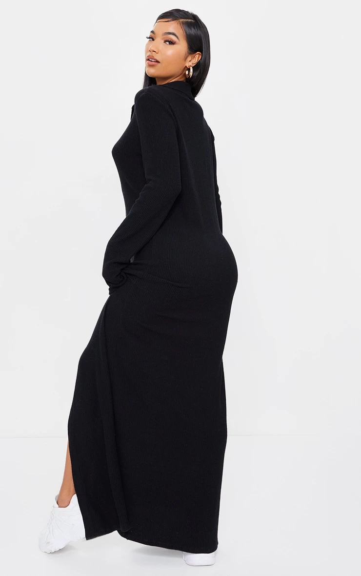 Black Button Up Collar Brushed Rib Detail Maxi Dress 4 Black Button Up Collar Brushed Rib Detail Maxi Dress - Image 2