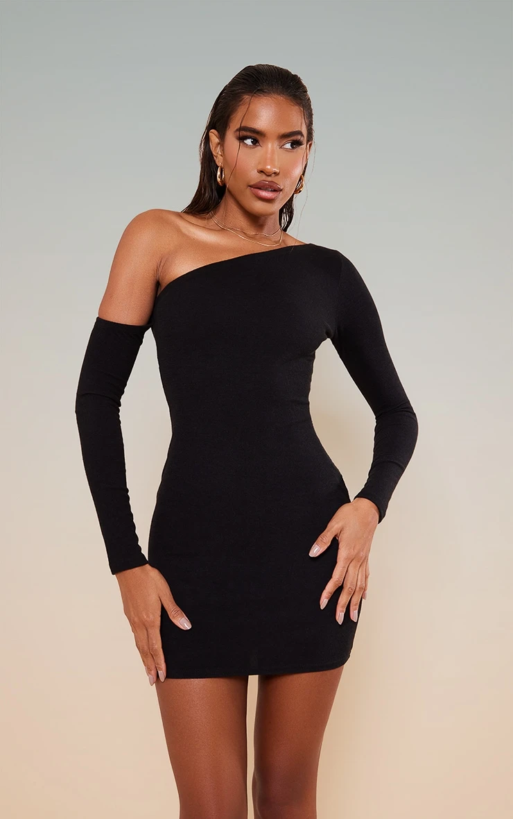 Black Rib Asymmetric Shoulder Bodycon Dress 4 Black Rib Asymmetric Shoulder Bodycon Dress - Image 2