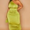 Plus Olive Slinky Ruched One Shoulder Longline Midi