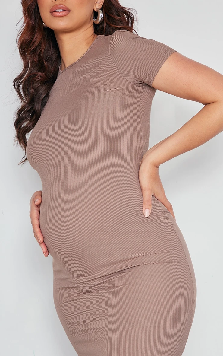 Maternity Taupe Ribbed Crew Neck Midi Dress 6 Maternity Taupe Ribbed Crew Neck Midi Dress - Image 4
