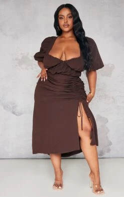 Plus Chocolate Puff Sleeve Ruched Side Split Midi Dress