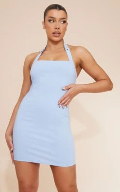 Blue Stretch Woven Buckle Detail Halter Bodycon Dress