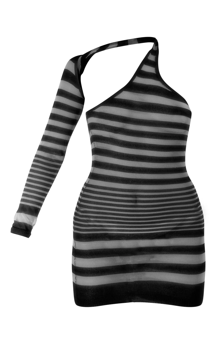 Black Stripe Sheer Knit One Sleeve Dress 7 Black Stripe Sheer Knit One Sleeve Dress - Image 5