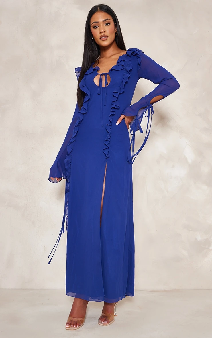 Tall Bright Blue Long Sleeve Frilled Maxi Dress 3 Tall Bright Blue Long Sleeve Frilled Maxi Dress