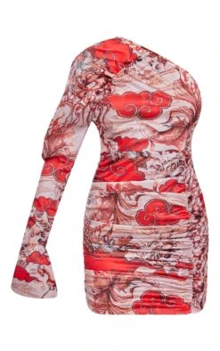 Nude Tattoo Print Satin One Shoulder Puff Sleeve Ruched Bodycon Dress -Women Clothing Shop 597298a444eb0e7439bd614b9c9604b39cf80c21 cnb7391 5