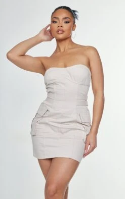 Desert Sand Cargo Bandeau Binding Pocket Detail Bodycon Dress