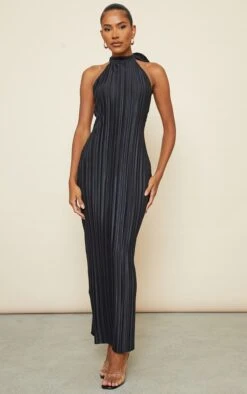 Black Plisse High Neck Low Back Maxi Dress