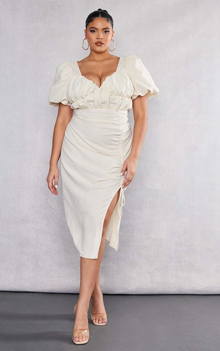 Plus Cream Puff Sleeve Ruched Side Split Midi Dress 3 Plus Cream Puff Sleeve Ruched Side Split Midi Dress