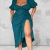 Plus Emerald Green Puff Sleeve Ruched Side Split Midi Dress