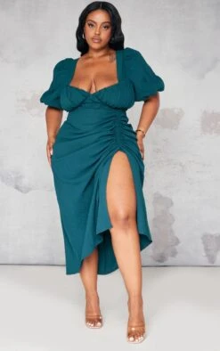 Plus Emerald Green Puff Sleeve Ruched Side Split Midi Dress