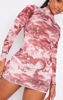 Shape Pink Printed High Neck Mesh Bodycon Dress -Women Clothing Shop 6291772afc34ff7b907c7ed29b97118d0654d2e1 cmk4675 4