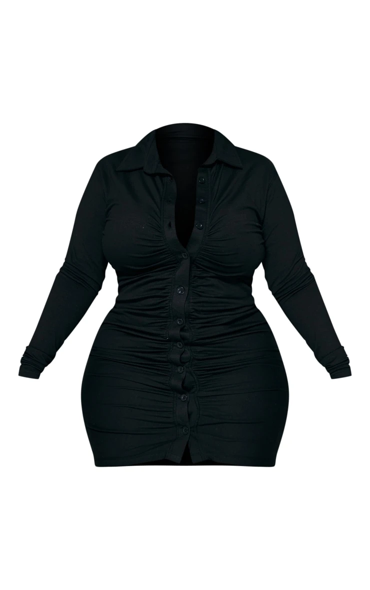 Plus Black Ruched Rib Fitted Shirt Dress 7 Plus Black Ruched Rib Fitted Shirt Dress - Image 5