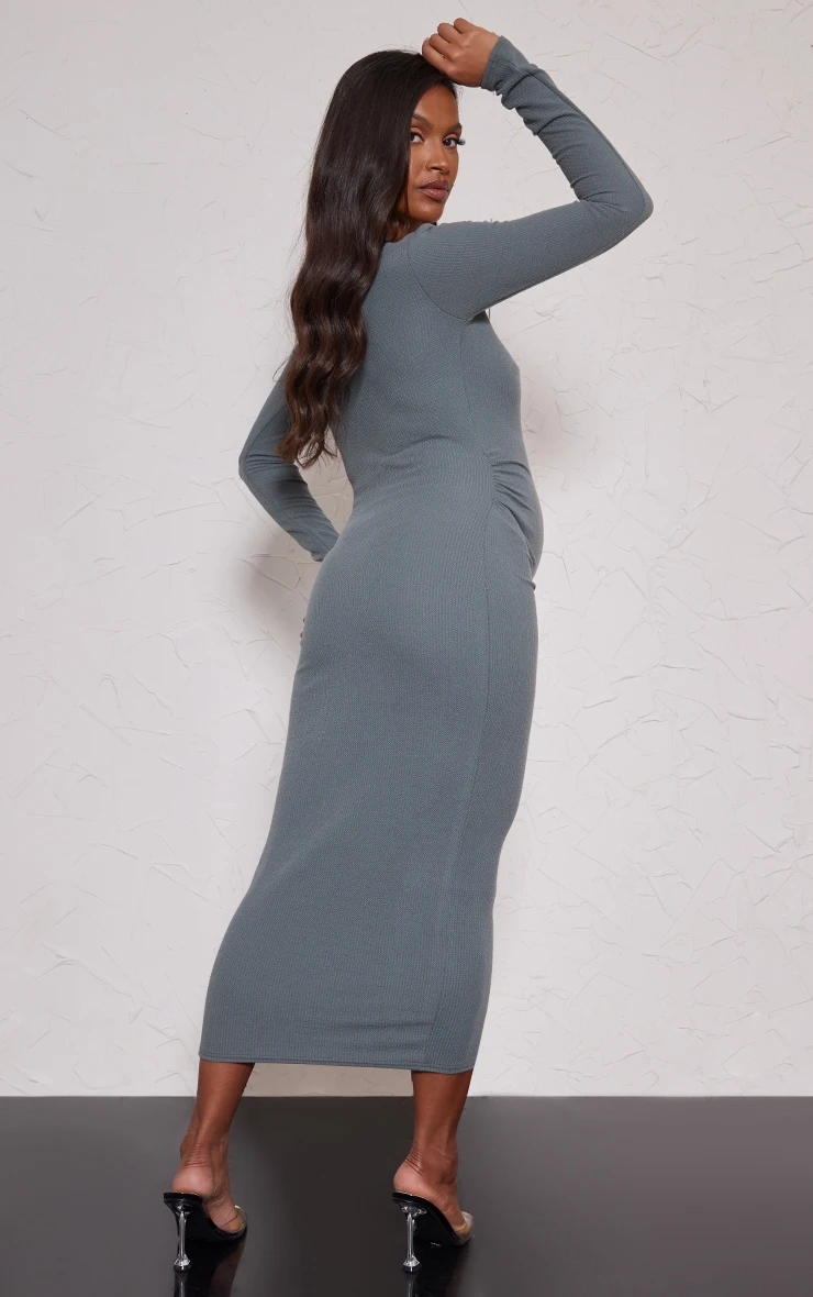 Maternity Charcoal Long Sleeved Ribbed Midi Dress 4 Maternity Charcoal Long Sleeved Ribbed Midi Dress - Image 2