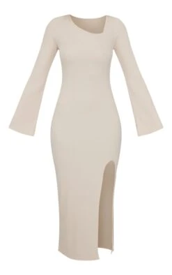 Stone Flare Sleeve Asymmetric Rib Split Midi Dress -Women Clothing Shop 65d474abb9862cae3966d3e7da78dd8d2bd89767 cnc1135 5
