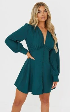 Emerald Green Button Down Waist Detail Shift Dress