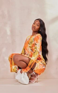 Tall Orange Floral Print Plisse Long Sleeve Split Detail Midi Dress 9 Tall Orange Floral Print Plisse Long Sleeve Split Detail Midi Dress -Women Clothing Shop 6d6ad61b8afc3e68366bae6aa86965a0b75b4d3e cne4926 3