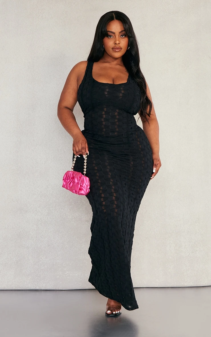 Plus Black Textured Laddered Scoop Neck Maxi Dress 3 Plus Black Textured Laddered Scoop Neck Maxi Dress