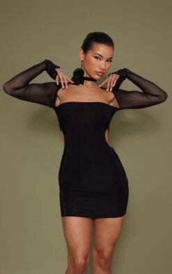 Black Slinky Cut Out Mesh Flared Sleeve Bodycon Dress