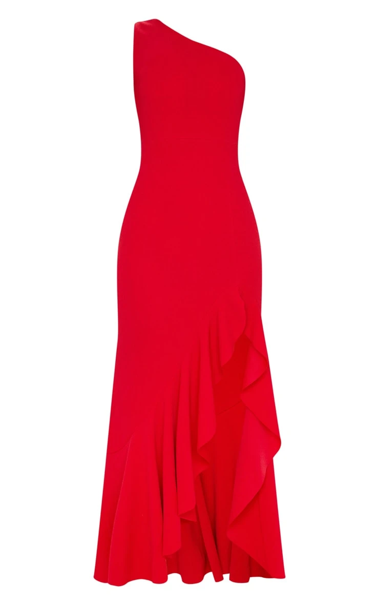 Red One Shoulder Frill Split Maxi Dress 5 Red One Shoulder Frill Split Maxi Dress - Image 3