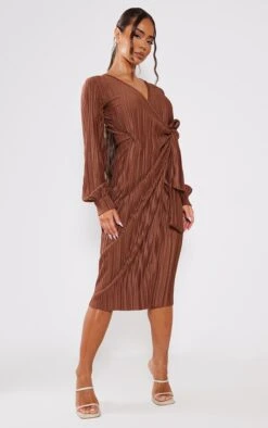 Chocolate Plisse Long Sleeve Wrap Midi Dress -Women Clothing Shop 735d628008715a792746f31149cd0d000386d4f4 cnb3628 3