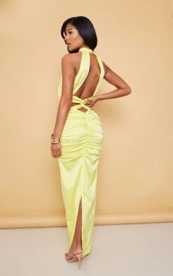 Tall Yellow Satin Plunge Ruched Maxi Dress