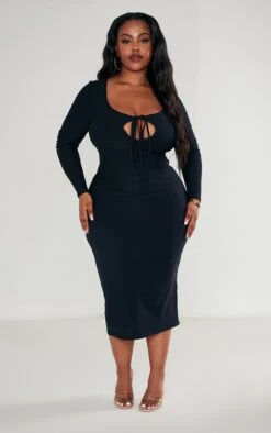 Plus Black Soft Touch Tie Front Long Sleeve Dress