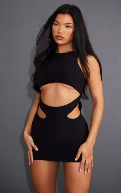 Black Slinky Cut Out Waist Racer Bodycon Dress