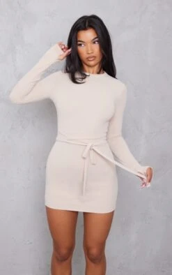 Stone Two Tone Rib Wrap Tie Waist Bodycon Dress