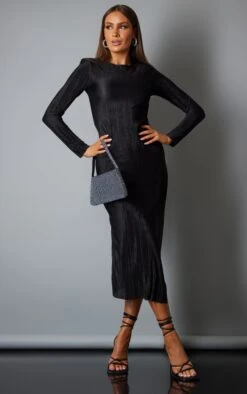 Black Plisse Long Sleeve Split Detail Midi Dress -Women Clothing Shop 773e2ed9a05bfe6a2fad08fa17613249f43d09f8 cnc3056 3