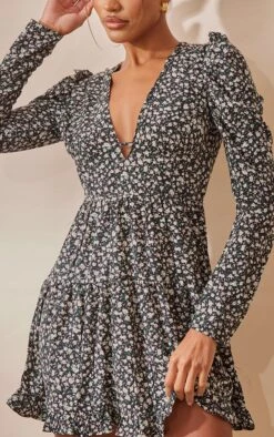 Black Floral Puff Sleeve Frill Hem Tea Dress -Women Clothing Shop 782eb94057d57814a56bba21096505bf5497069e cmv0668 4