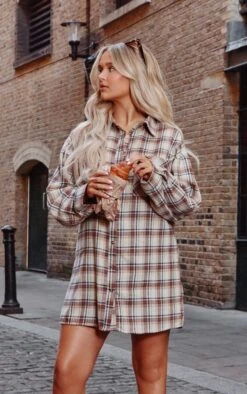 Stone Check Brushed Flannel Oversized Curved Hem Shirt Dress