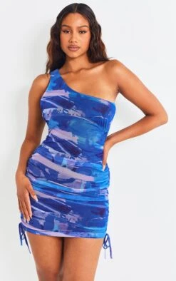 Blue Abstract Print Mesh One Shoulder Ruched Bodycon Dress