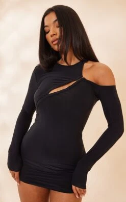 Black Slinky Asymmetric Hook & Eye Long Sleeve Bodycon Dress