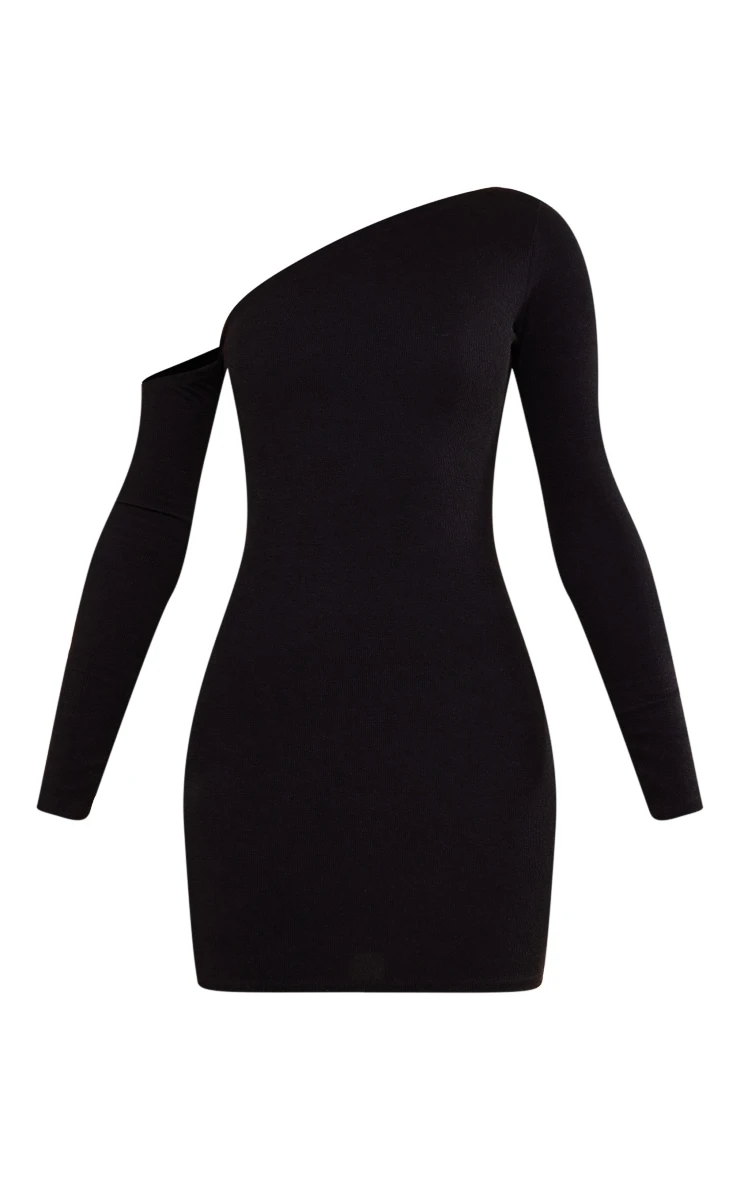 Black Rib Asymmetric Shoulder Bodycon Dress 8 Black Rib Asymmetric Shoulder Bodycon Dress - Image 6