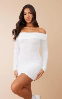 White Eyelash Knit Bardot Bodycon Dress