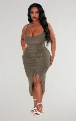 Plus Khaki Soft Touch Jersey Cowl Neck Ruched Midi Dress