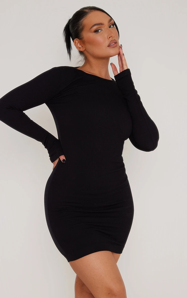 Black Structured Snatched Rib Ruched Bodycon Dress