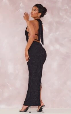 Black Floral Textured Halterneck Cut Out Back Maxi Dress